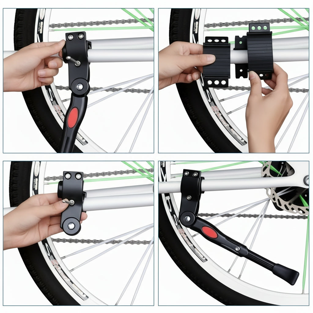 Béquille universelle vélo noire en aluminium, réglable. Idéale pour stationnement sécurisé des VTT et vélos de route.