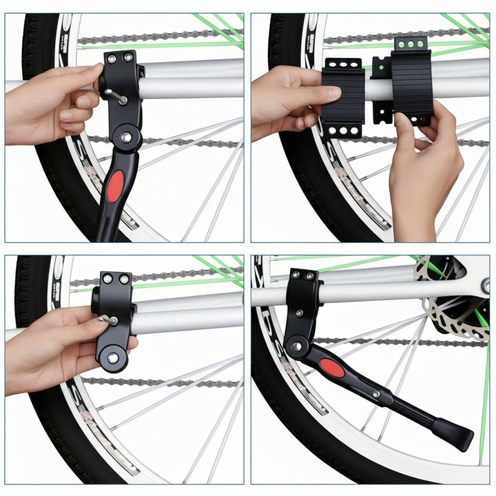 Béquille universelle vélo noire en aluminium, réglable. Idéale pour stationnement sécurisé des VTT et vélos de route.