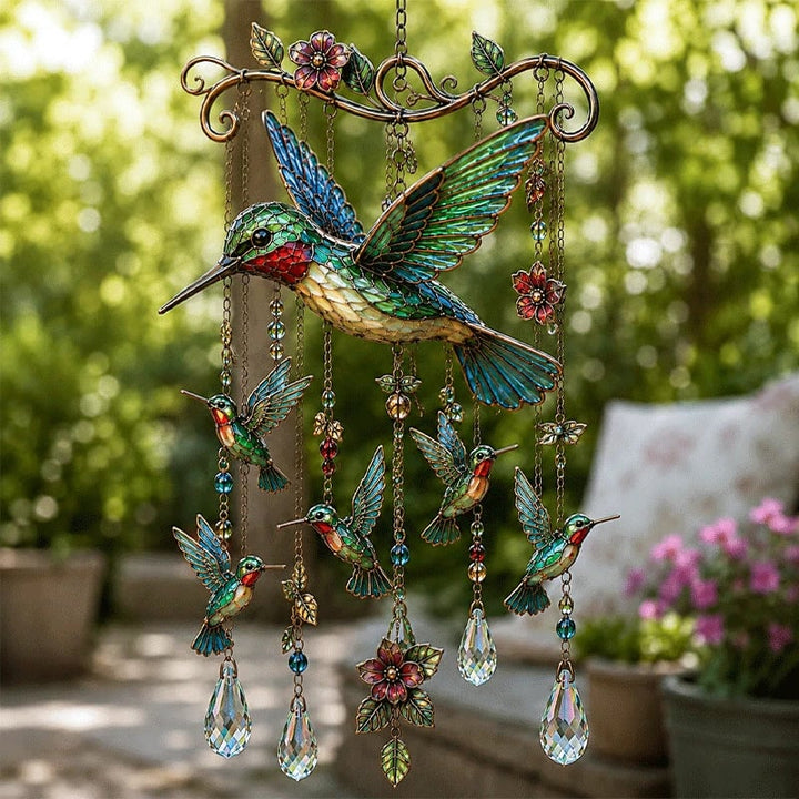 Carillon éolien colibri en cristal scintillant, parfait pour décoration de jardin ou balcon.
