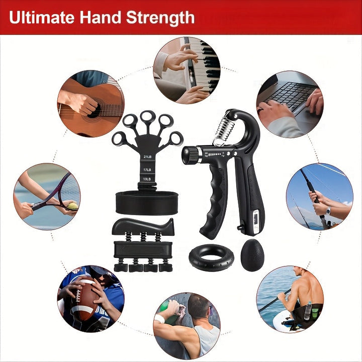 Kit complet de rééducation et fitness des mains et avant-bras. Améliore la force de préhension et la flexibilité.