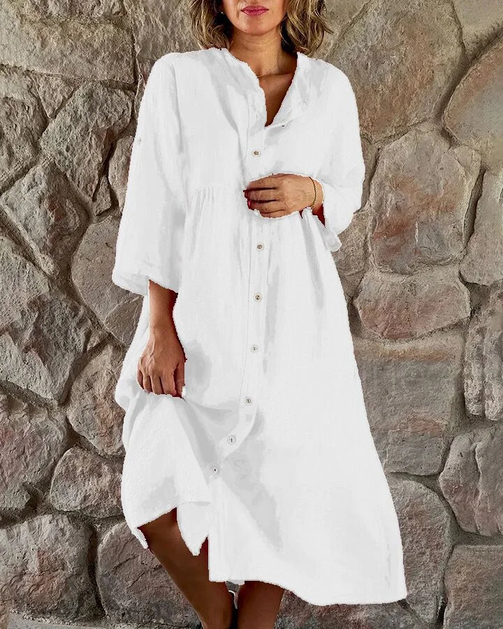 Robe chemise femme Alya chic pour bureau ou été. Style fluide, décontracté et élégant. Idéale printemps-été.