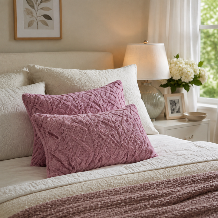Taies d'oreiller décoratives à motif réversible, idéales pour relooker la literie de votre chambre.