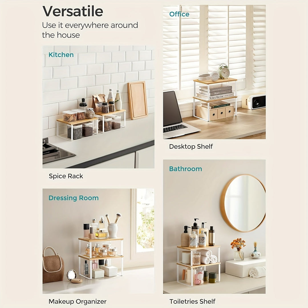 Étagères en bambou réglables et empilables (lot de 2), solution gain de place pour placards et comptoirs.