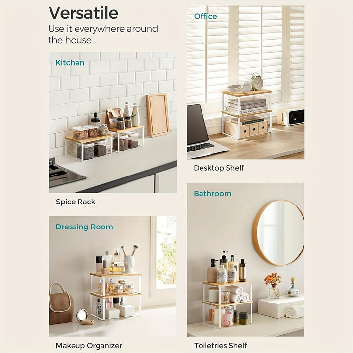 Étagères en bambou réglables et empilables (lot de 2), solution gain de place pour placards et comptoirs.