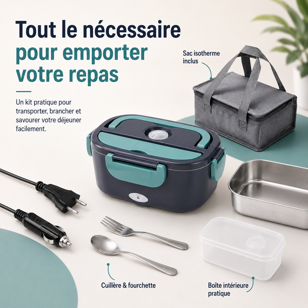 Boîte à lunch électrique en acier inoxydable. Idéale pour un déjeuner chaud au bureau, en voiture, ou en déplacement.