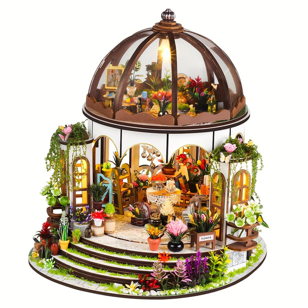 Puzzle 3D en bois, maquette DIY de maison de fleurs miniature lumineuse avec jardin délicat.