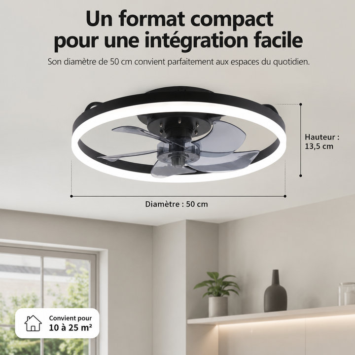 Profitez de la fraîcheur silencieuse du ventilateur de plafond SilentBreeze 50 cm, très économe en énergie pour votre maison.