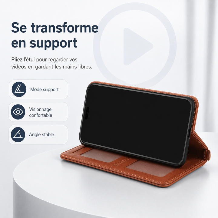 Coque de protection en cuir pour iPhone, rabat magnétique, design fin et chic.