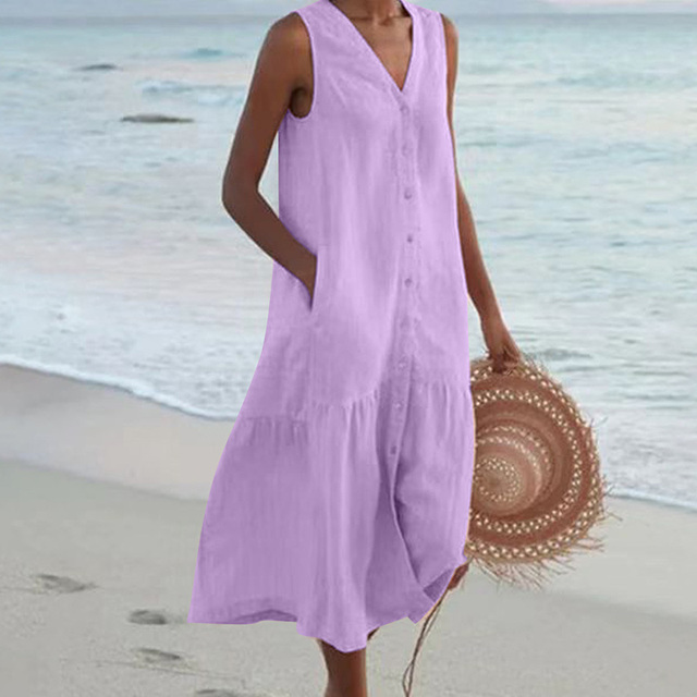 Robe chic femme d'été, midi, col V, boutonnée. Un vêtement élégant et décontracté, parfait pour la saison chaude.