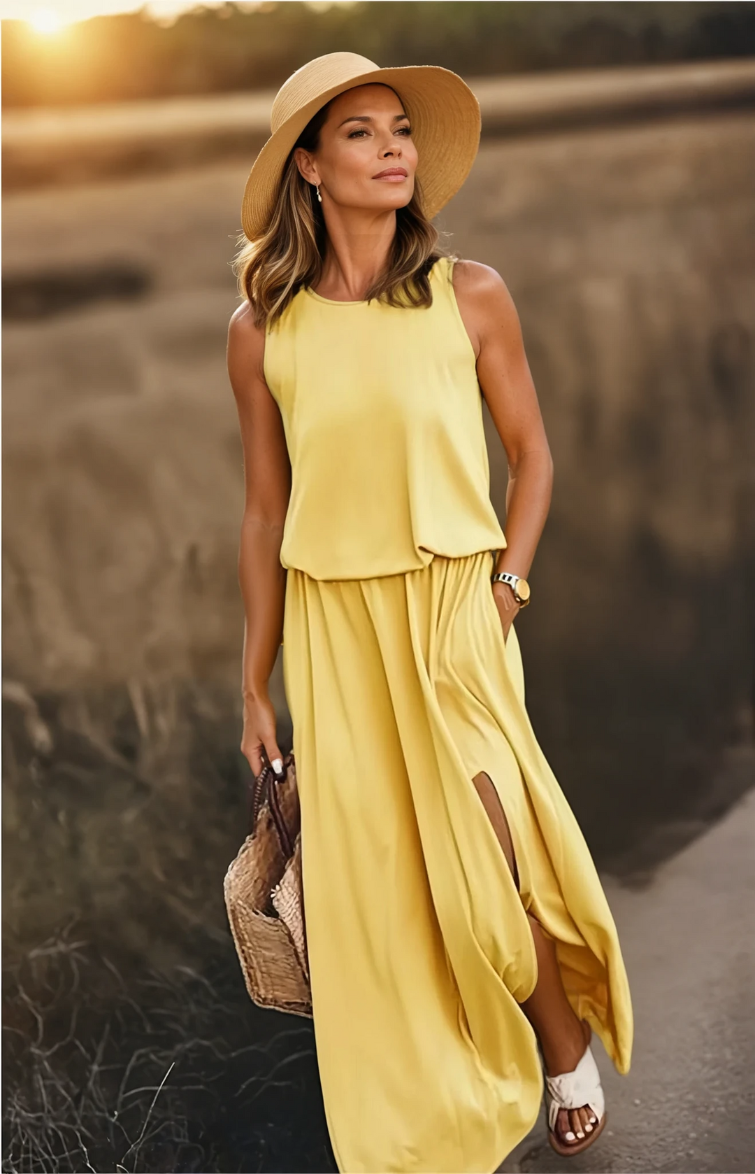 Robe longue d'été confortable pour femme, sans manches, col rond. Idéale pour une tenue estivale décontractée.
