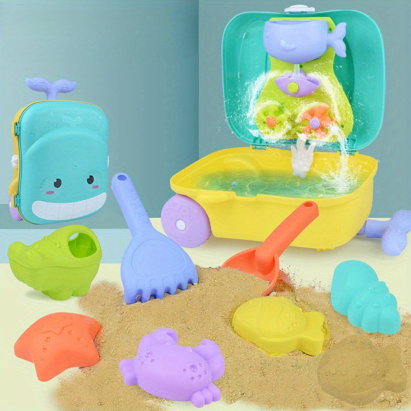 Set de jouets de plage thématique baleine avec arrosoir et accessoires pour enfant.