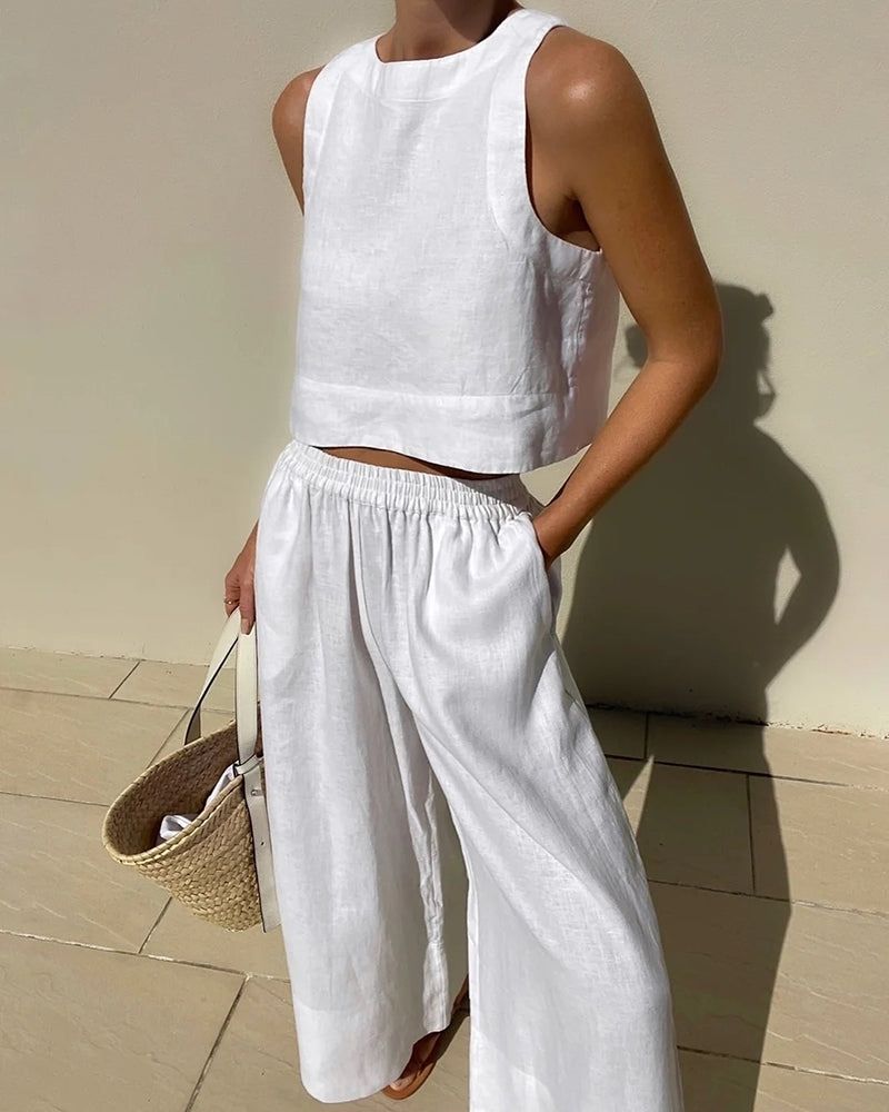 Ensemble femme chic et décontracté, deux pièces, pantalon large taille haute et haut élégant pour confort quotidien.
