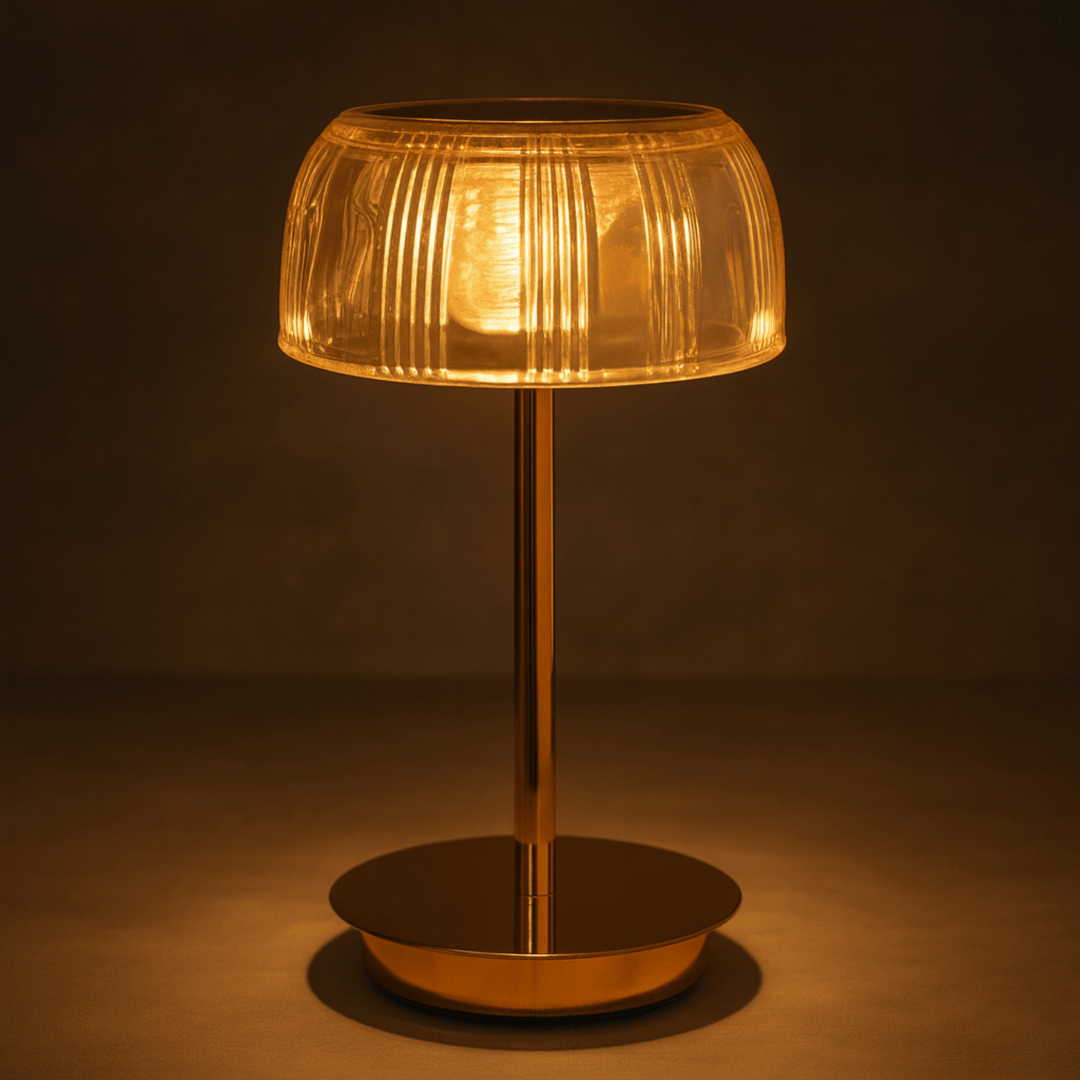 Lampe de table tactile LED sans fil rechargeable, abat-jour dôme strié élégant pour ambiance.