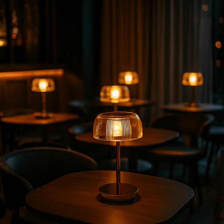 Lampe de table LED sans fil design, abat-jour dôme strié, idéale pour salon, chambre moderne.