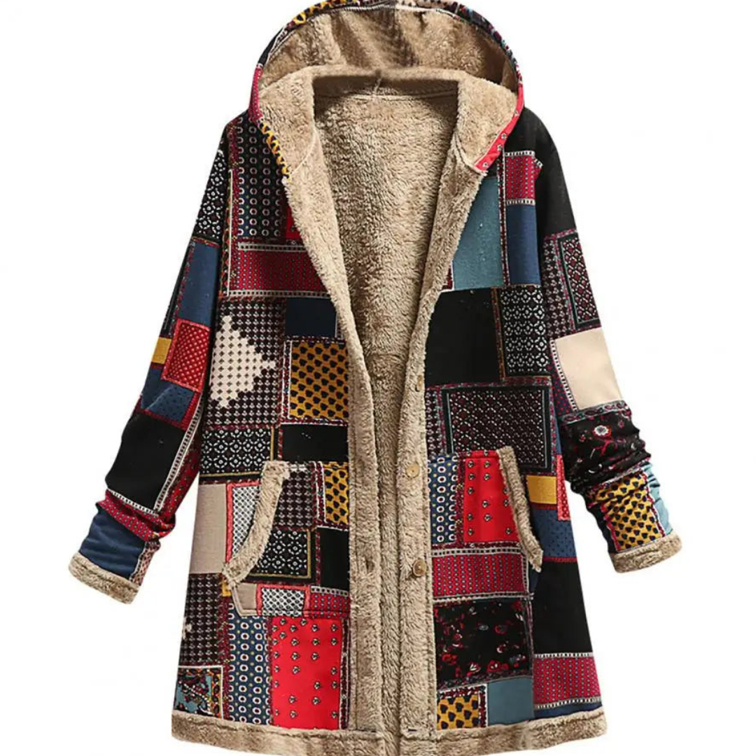 Manteau femme vintage chaud patchwork coloré, avec capuche. Style unique pour l'automne-hiver.