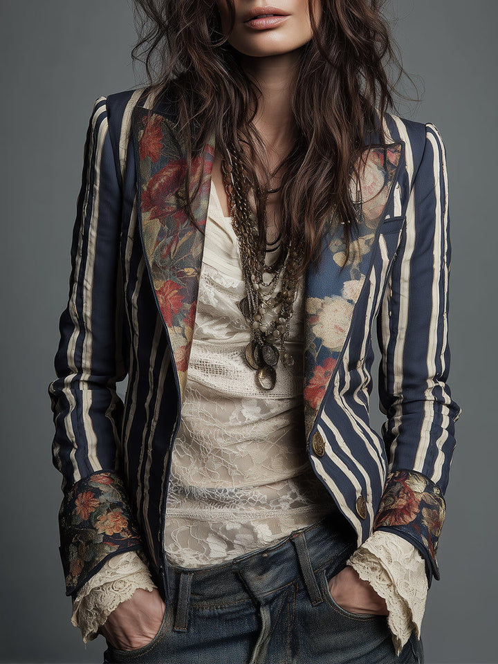 Blazer bohème rayé pour femme, motif floral vintage, chic et élégant pour printemps/automne.