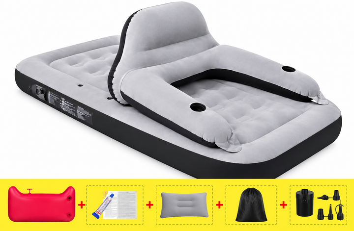 Matelas gonflable deluxe avec dossier et pompe intégrés, idéal pour intérieur/extérieur, camping ou invités.