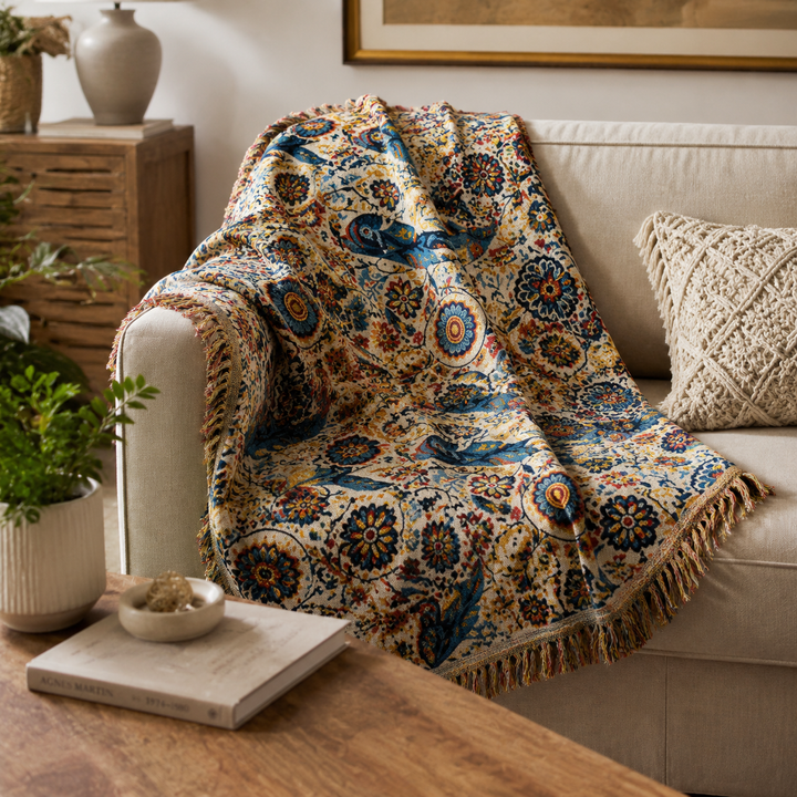 Couverture florale et oiseau en coton léger, motif délicat, respirante. Ajoutez une touche nature à votre maison.