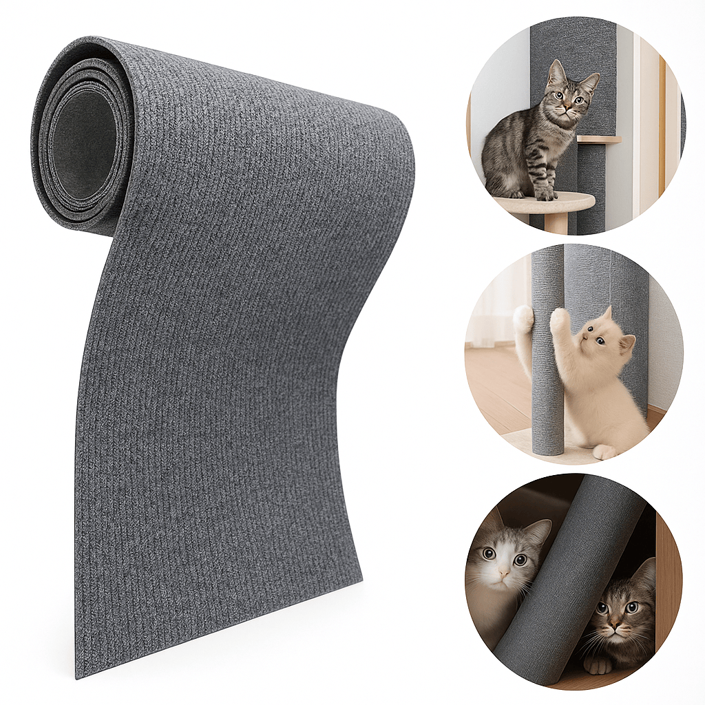 Tapis adhésif transparent anti-rayures pour protéger canapés et meubles des griffes de chat.