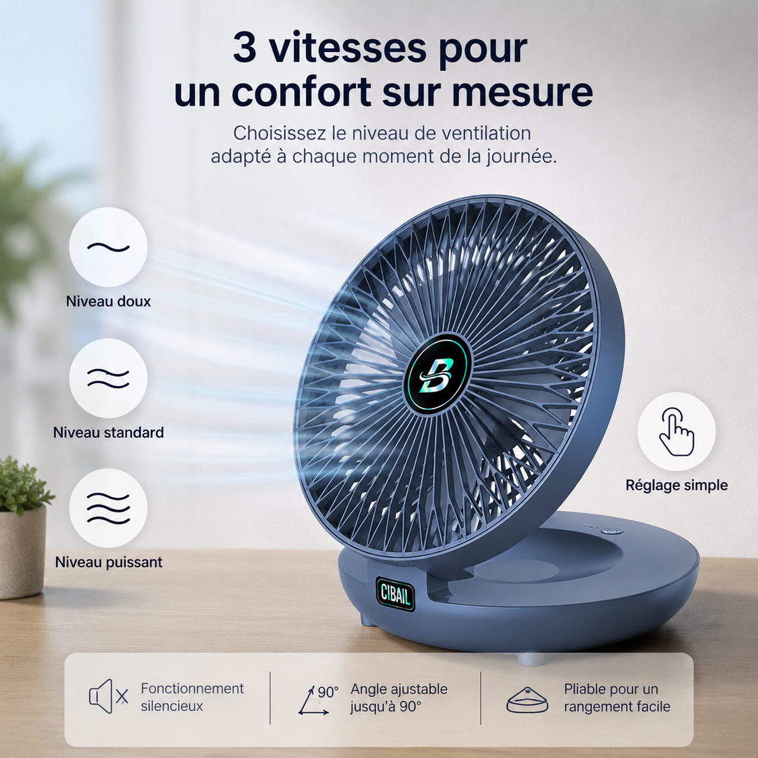 Ventilateur sans fil, pliable et rechargeable. Utilisation murale ou de bureau, parfait pour rafraîchir toute pièce.