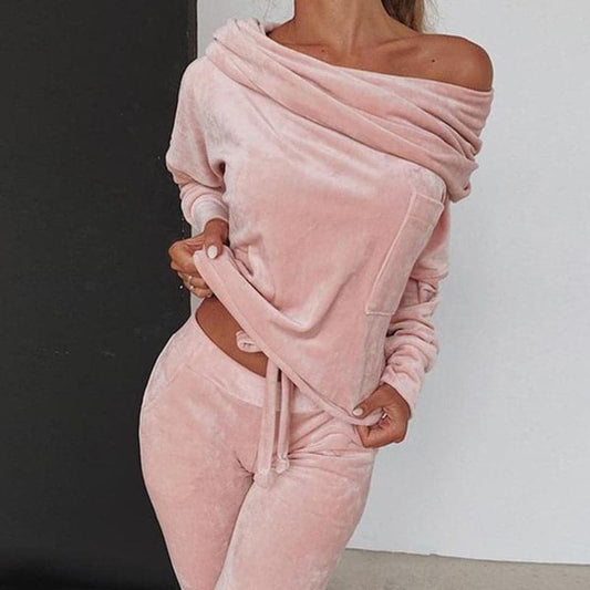 Mjuk Velour Loungeset för Kvinnor - Off-Shoulder Tröja & Joggers