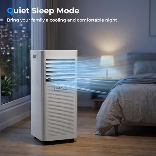 Design moderne du climatiseur portable 9000 BTU, intégrant déshumidificateur et ventilateur.