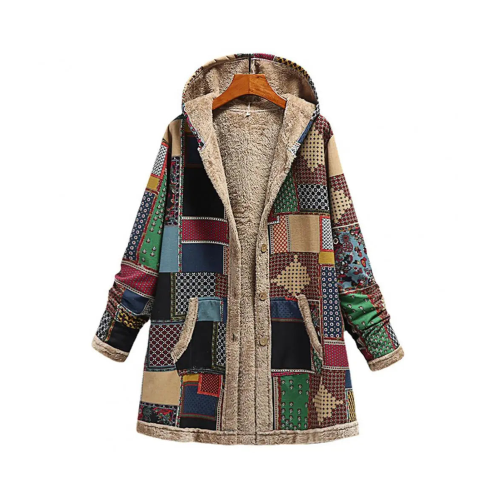 Veste hiver femme chaude, motif patchwork original. Manteau à capuche, mode femme vintage.