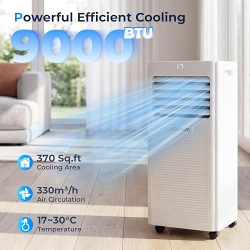 Climatiseur mobile 9000 BTU avec roulettes pour appartement, idéal pour rafraîchir en été.