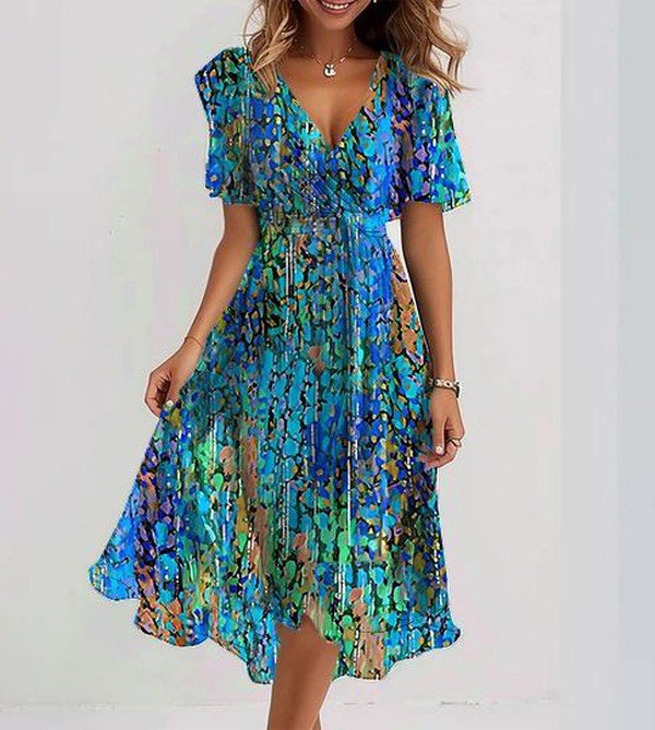 Robe midi bleue élégante pour femme, coupe confortable et chic, idéale pour printemps/été. Mode féminine.