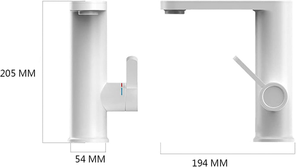 Robinet électrique design en ABS blanc mat pour salle de bain, eau chaude immédiate et installation facile.