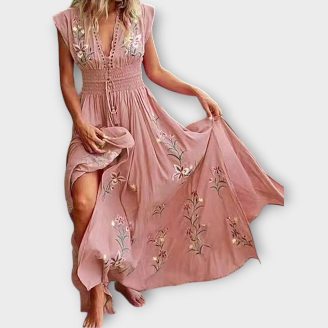 Robe longue Felizia pour femme, coupe bohème et brodée, légère, idéale pour un look décontracté ou de vacances.