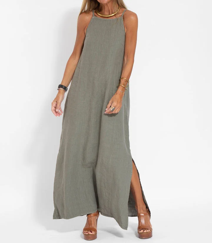 Robe longue femme élégante à bretelles, tissu fluide et léger. Essentielle pour une garde-robe chic et décontractée d'été.