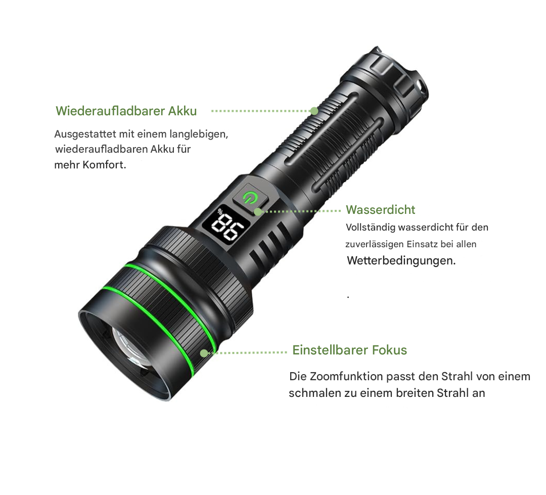 Lampe de poche LED haute performance, zoomable, offrant un éclairage puissant pour la randonnée nocturne.