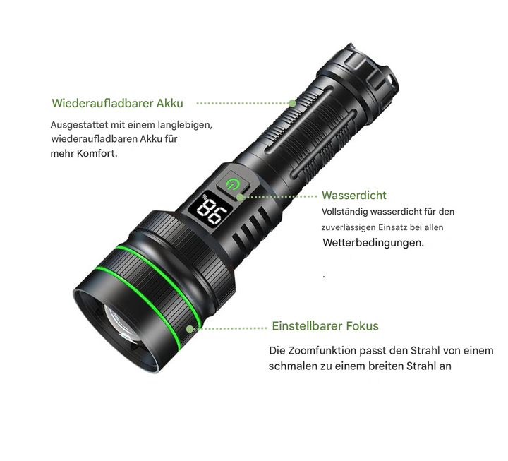 Lampe de poche LED haute performance, zoomable, offrant un éclairage puissant pour la randonnée nocturne.