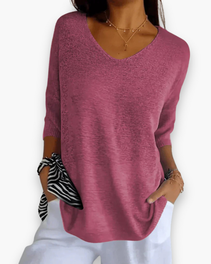 Pull femme décontracté, doux et confortable, style chic avec col en V et manches 3/4.