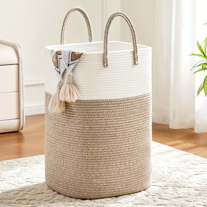 Panier à linge tressé en coton, grande capacité pour rangement maison élégant et robuste.