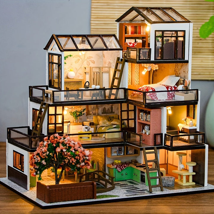 Kit de construction puzzle 3D d'une villa miniature éclairée par LED. Un hobby créatif pour adultes et ados.