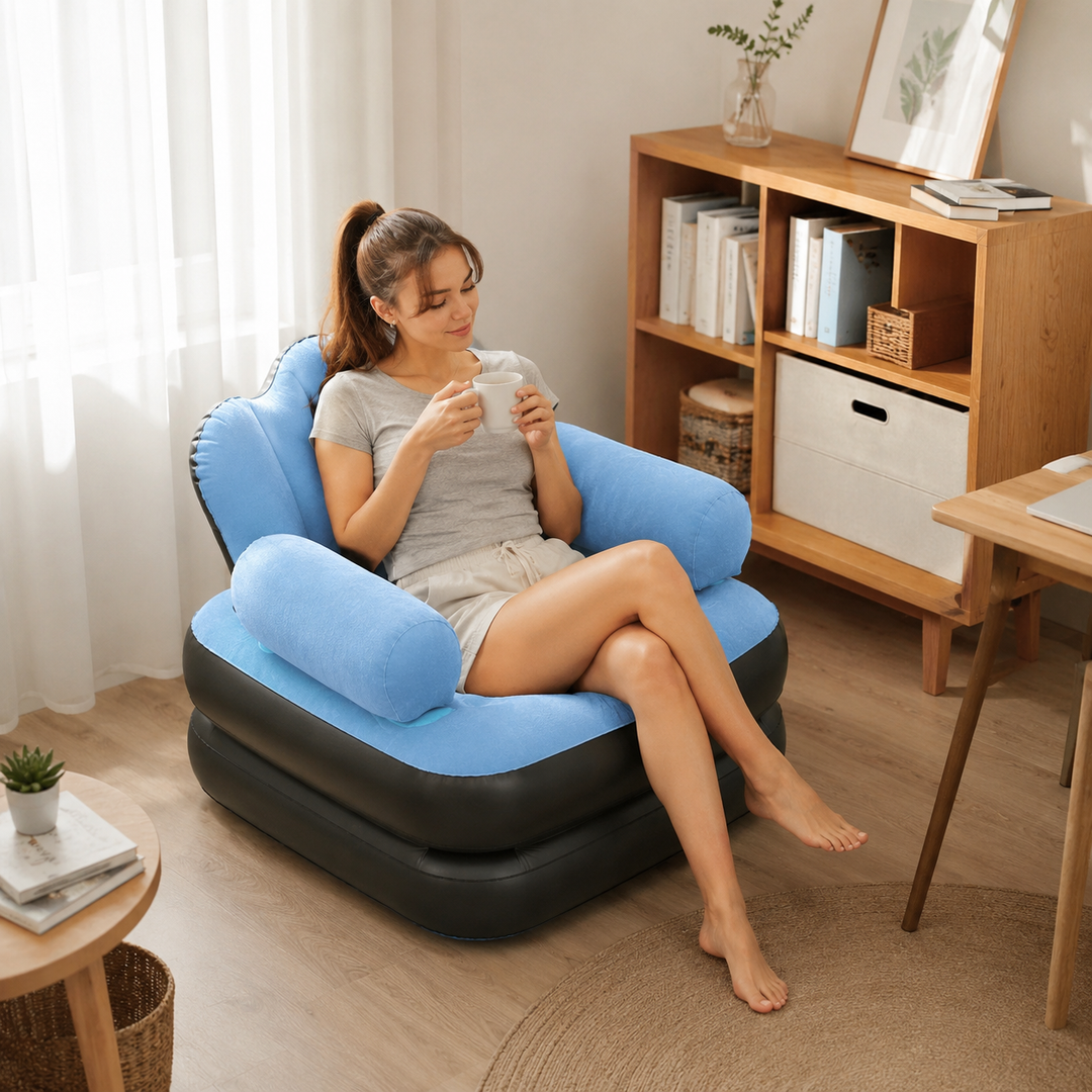 SofaMate, fauteuil relaxant gris clair, gonflable et portable, parfait pour le camping.