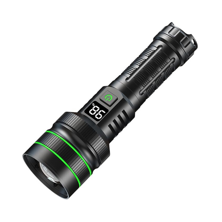 Lampe de poche LED puissante et zoomable, idéale pour camping, randonnée et aventures en extérieur.
