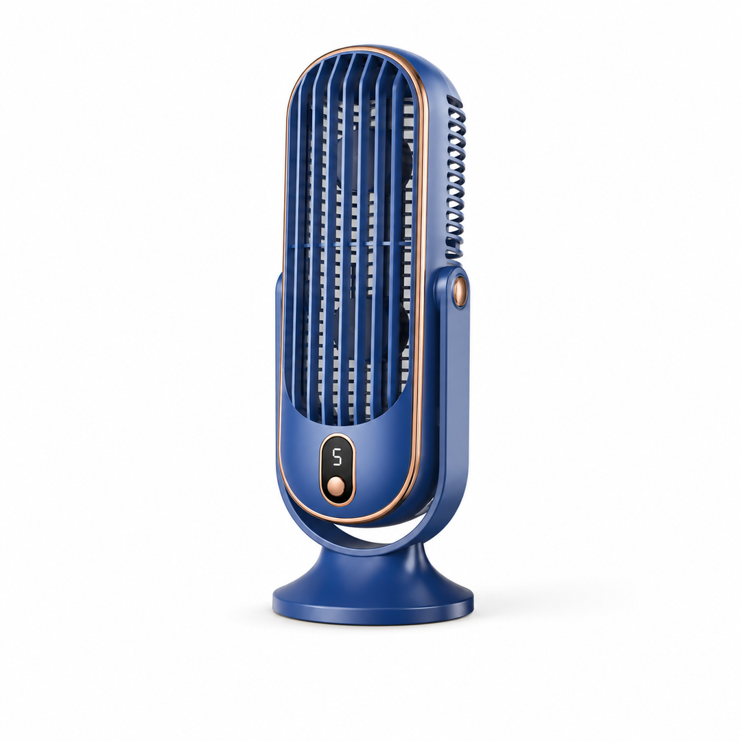 Ventilateur USB rechargeable AeroLux, silencieux, portable, rotation 720°, confort optimal au bureau.