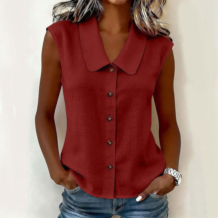 Chemisier léger femme sans manches, col V, boutons chic. Confortable et stylé pour l'été.