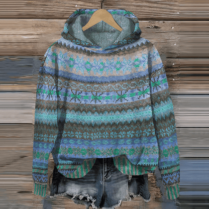 Stickad Damhoodie - Fair Isle Mönster - Avslappnad