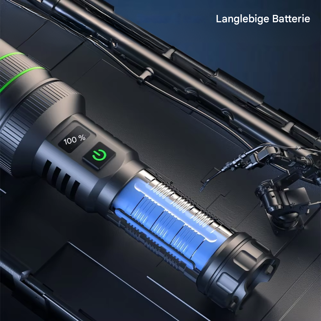 Torche LED puissante pour extérieur, camping et urgence, avec faisceau lumineux zoomable et réglable.