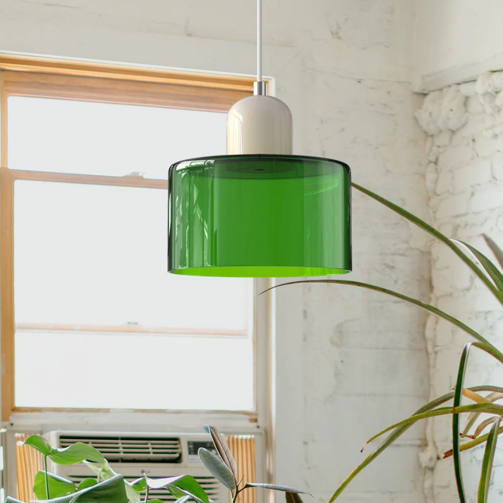 Luminaire vintage suspendu avec abat-jour verre bicolore, idéal pour cuisine. Éclairage intérieur E27.