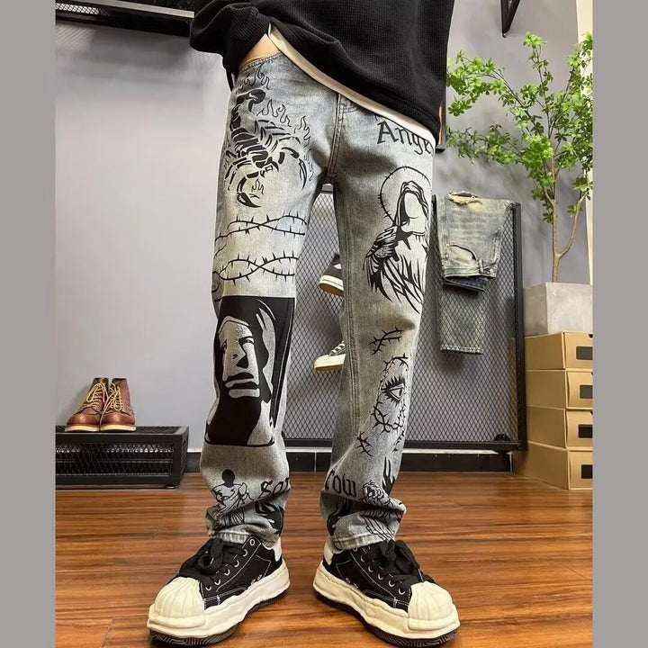 Pantalon homme long style urbain, jean droit graphique, design moderne et décontracté.