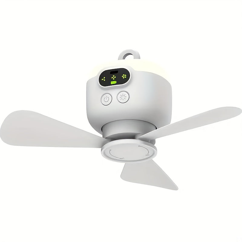 Ventilateur portable USB avec lumière LED intégrée, idéal pour rester au frais partout et en camping.