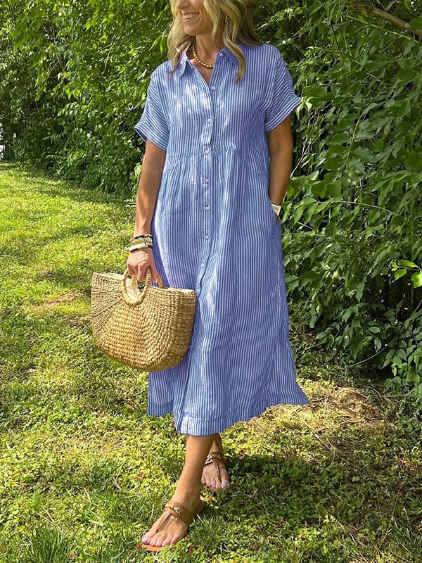 Élégante robe chemise longue rayée pour femme, fluide et confortable pour un look décontracté.