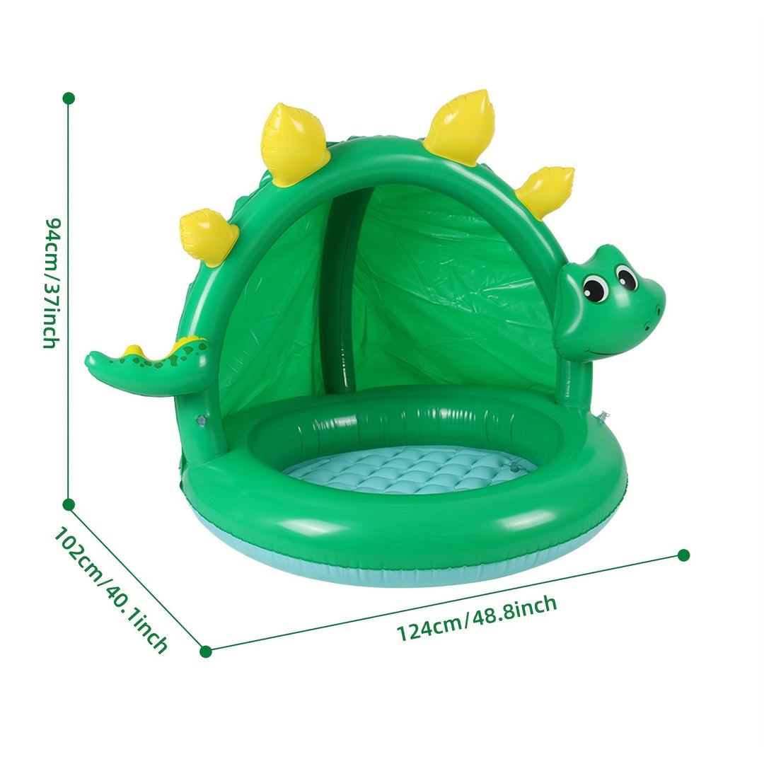 Piscine bébé dinosaure gonflable joyeuse, verte et rose, pour des heures de plaisir aquatique en été.