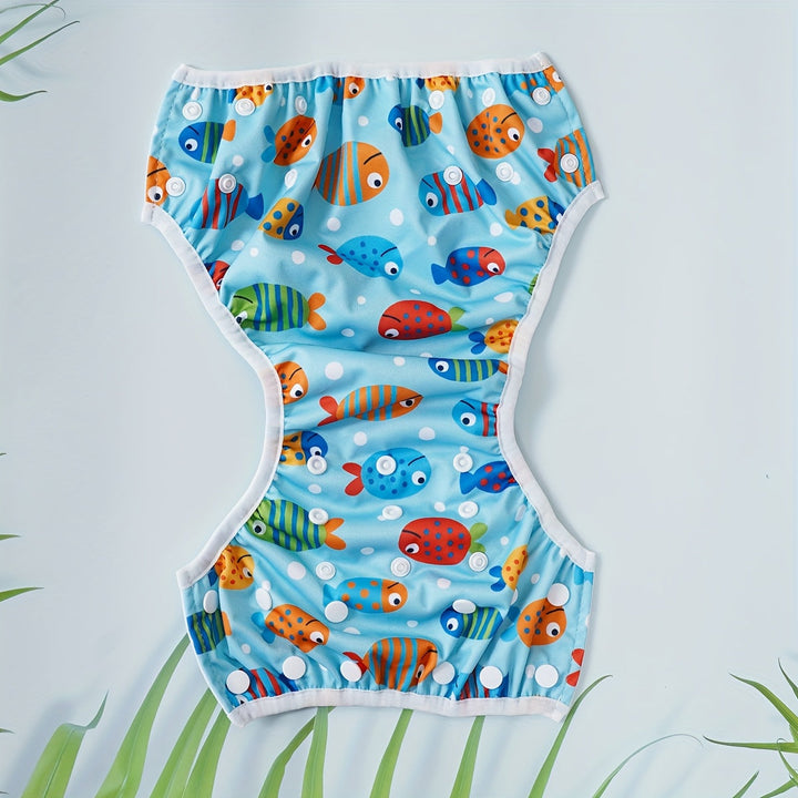 Culotte de bain bébé réutilisable, avec motifs animaux aquatiques (crabes, poissons, tortues).