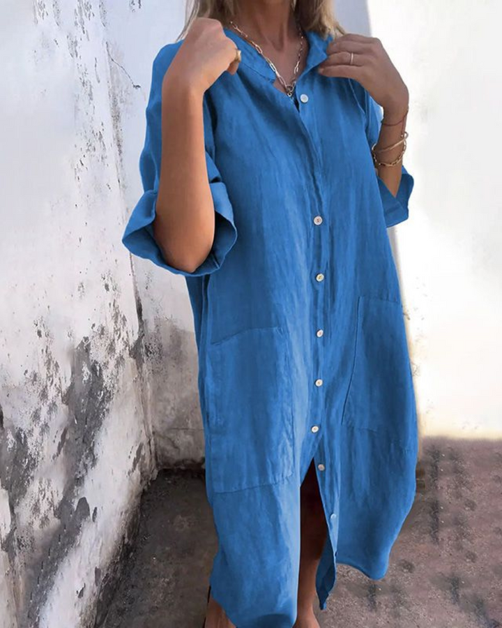 Robe d'été midi décontractée et confortable pour femme, coupe chemise boutonnée, idéale pour une journée élégante.